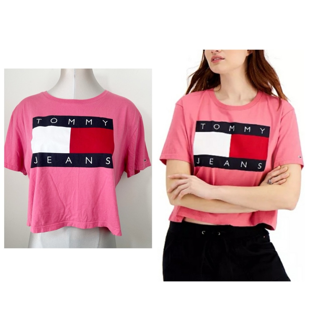 Tommy Jeans Cotton Flag Cropped T Shirt Size Large Pink